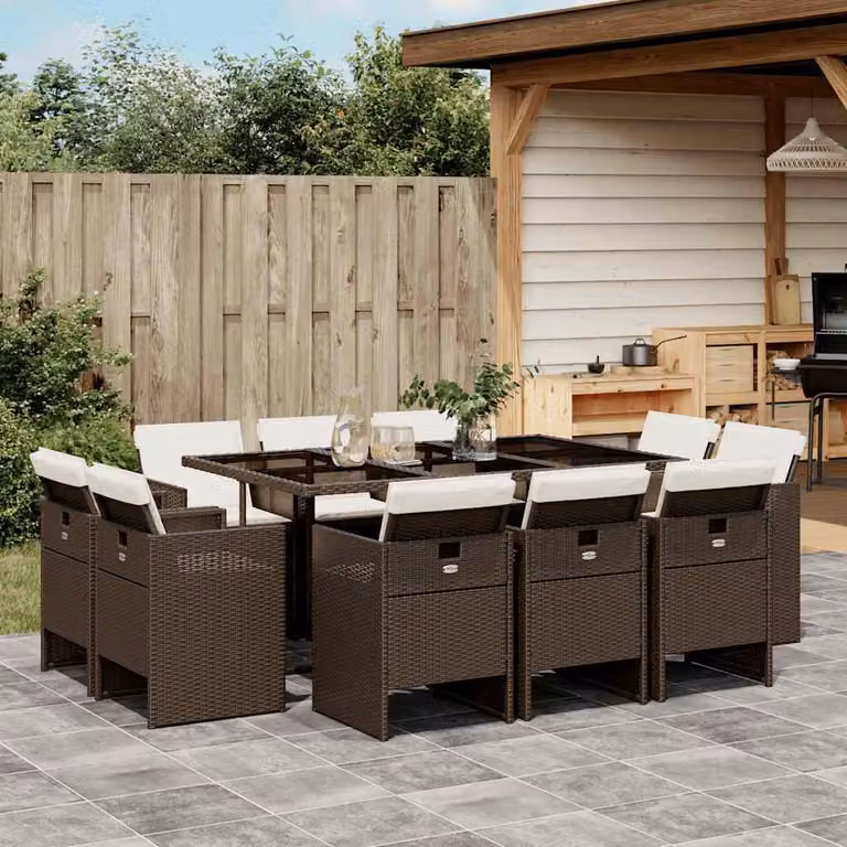 vidaXL Set da Pranzo da Giardino 11 pz in Polyrattan Marrone con Piano in Vetro e Cuscini