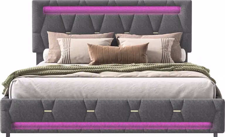 Letto Moonbite con contenitore, dimensioni 140x200 cm, grigio, imbottitura, luci LED nella testata e nel piede, prese USB e di tipo C, 4 cassetti su ruote