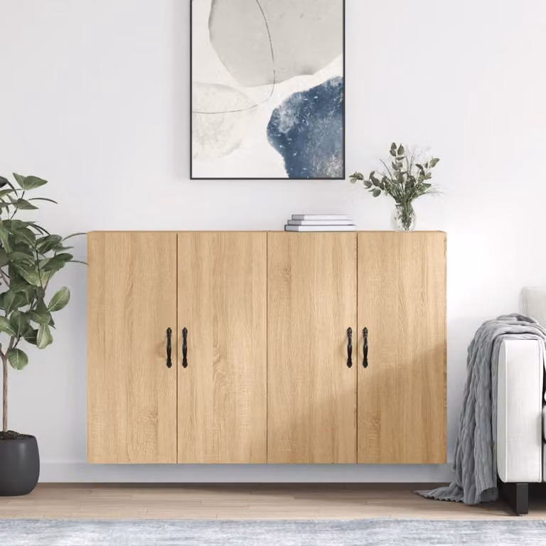Set di 2 armadietti a parete moderni vidaXL in legno e metallo, colore rovere, con ante a battente e ripiani interni