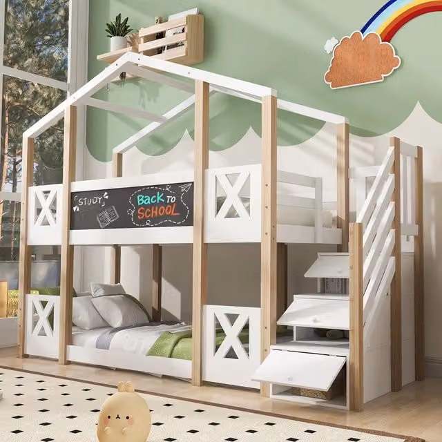 Letto a Castello 90x200 Casetta con Scala e Contenitore ¨C MINIMAL ¨C Legno Bianco