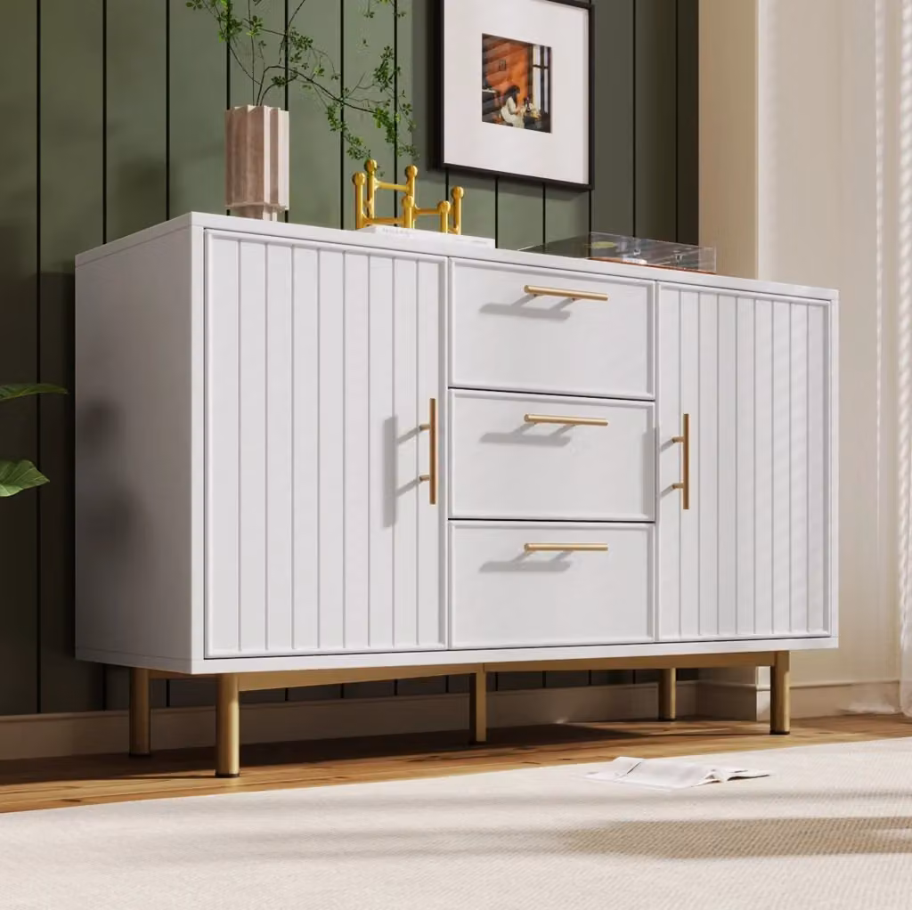 Credenza moderna bianca con 2 ante e 3 cassetti in MDF e metallo per sala da pranzo, L: 120 cm – 2