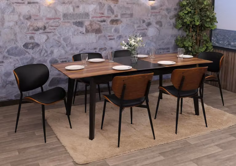 Set di 6 sedie da pranzo, modello HWC-O45, sedia realizzata in legno multistrato con rivestimento in ecopelle (280g/m²), finitura effetto noce scuro, colore nero