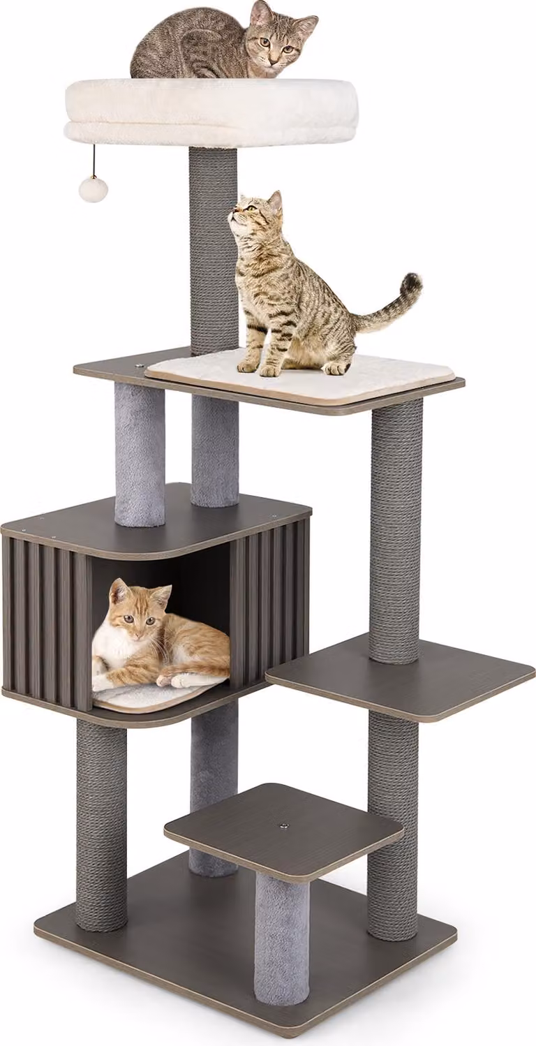 COSTWAY tiragraffi grande 151 cm, albero per gatti con piattaforme, grotta per gatti, tiragraffi, palla e tappetini rimovibili, tiragraffi per gatti albero per gatti grigio