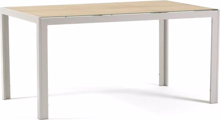 Tavolo rettangolare 150×90 cm con struttura in alluminio verniciato a polvere e piano in vetro decorato, ideale per interni ed esterni - design moderno, resistente e personalizzabile per cucina, sala da pranzo, patio e veranda - MILO - bianco/legno