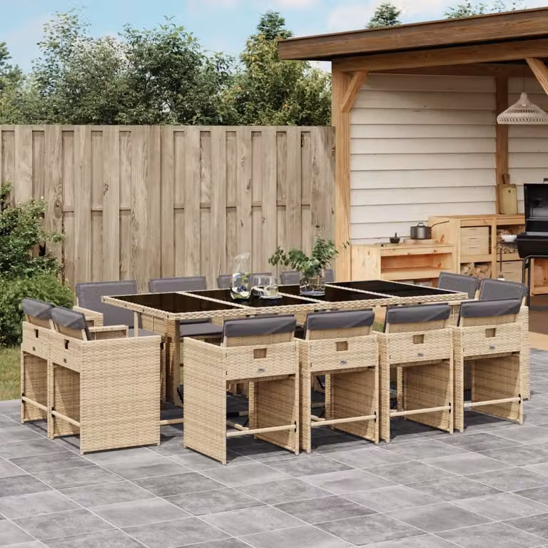 Set Pranzo da Giardino vidaXL in Polyrattan da 13 Pezzi con Cuscini Beige e Piano in Vetro