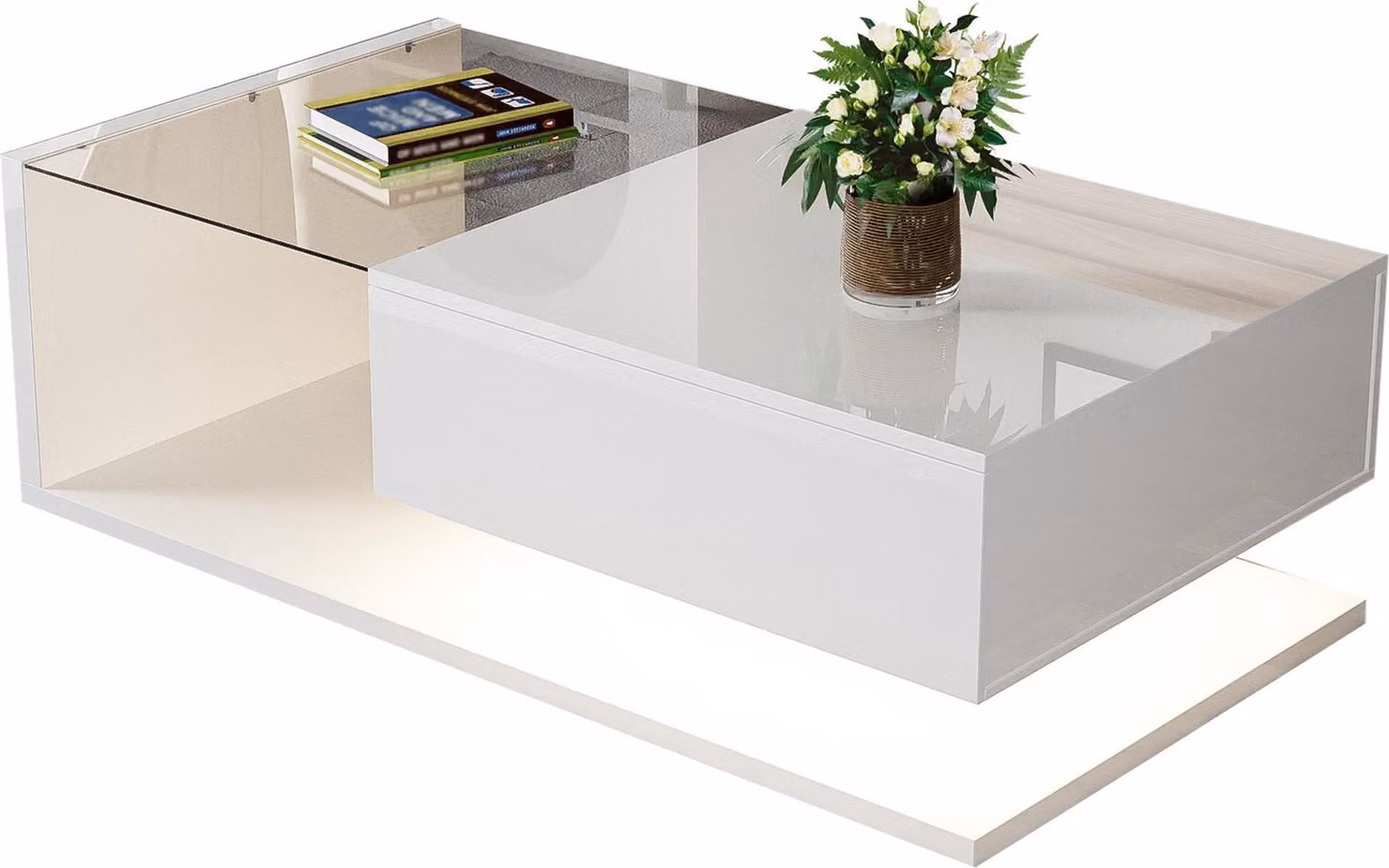 Tavolino Fortuna Lai 105 x 55 x 32,5 cm, tavolino, tavolini con vetro ed effetto LED per il soggiorno