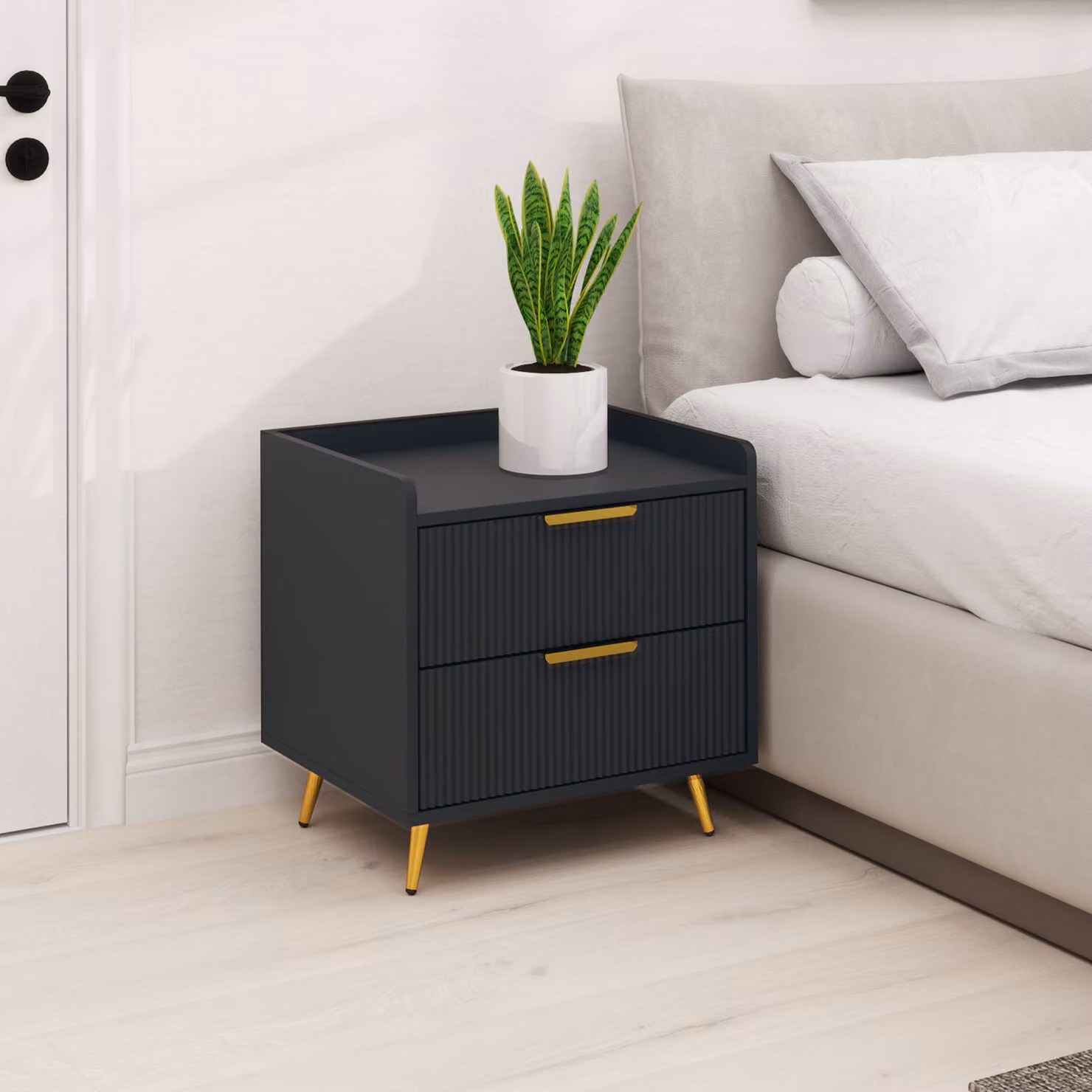 Comodino HOMCOM con 2 Cassetti Scanalati e Piedi in Metallo Dorati, Nero, L: 50 cm, P: 40 cm, H: 50 cm – 2