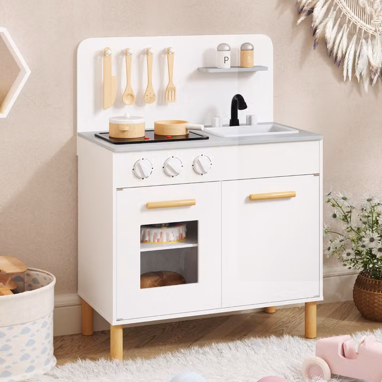 Set da cucina per bambini Costway in legno bianco con luci e accessori, gioco educativo con spazio di archiviazione