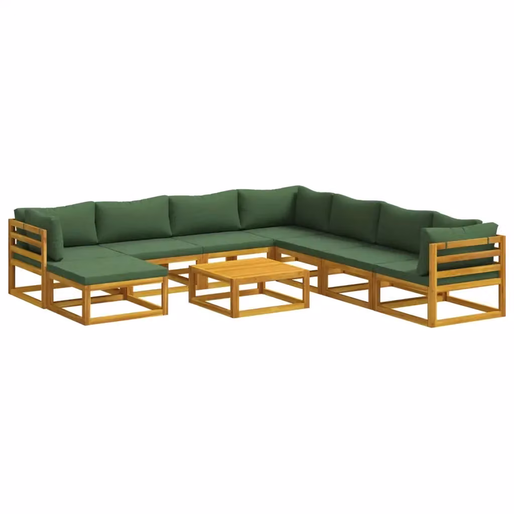 Set di divani da giardino vidaXL in legno di acacia massello con cuscini, colore marrone e verde, composizione a L con tavolino e pouf, 9 pezzi – 2