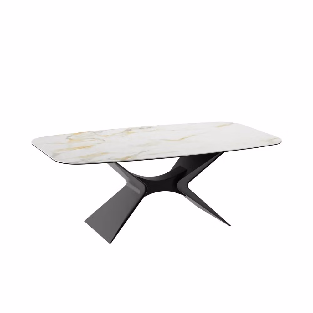 Tavolo da pranzo fisso Halo Duzzle in ceramica effetto marmo calacatta bianco con base in vetro e metallo, L: 220 cm, P: 110 cm, ideale per 8 posti – 2
