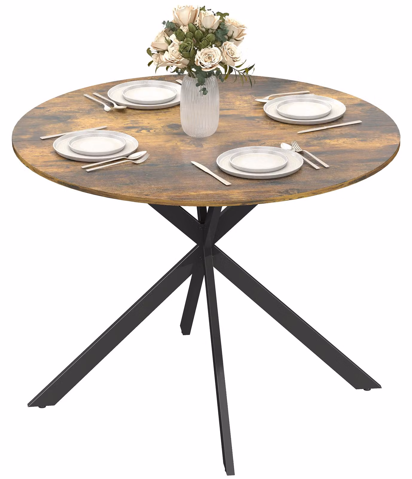 Tavolo da pranzo rotondo per 4 persone, tavolo da cucina in stile industriale con gambe in acciaio, per sala da pranzo, cucina, marrone rustico