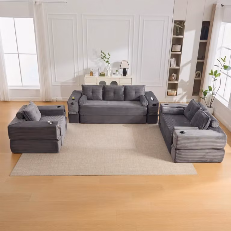 Divano letto modulare Mivray in velluto a coste grigio con funzione letto, tasche portabevande e coperture removibili