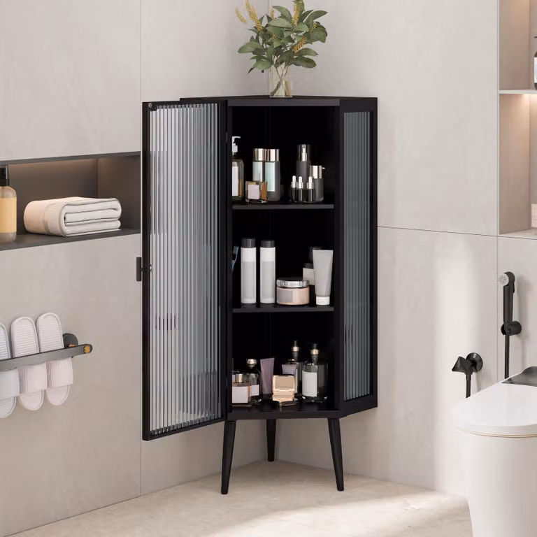 MODFU Base da cucina ad angolo con ante in vetro temperato, credenza laterale a tre strati con ripiani, nero