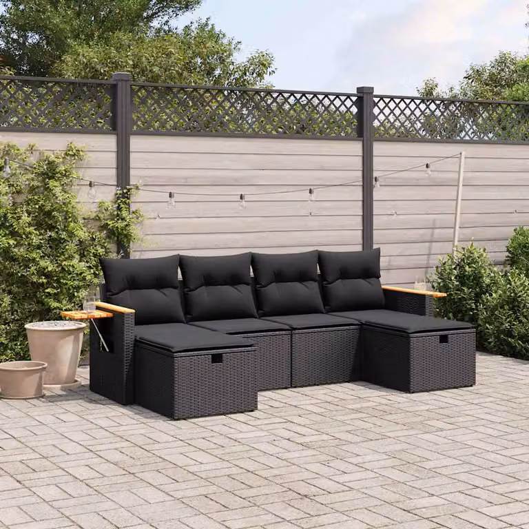 Set Divano da Giardino vidaXL 6 pz a L con Cuscini Nero in Polyrattan e Metallo