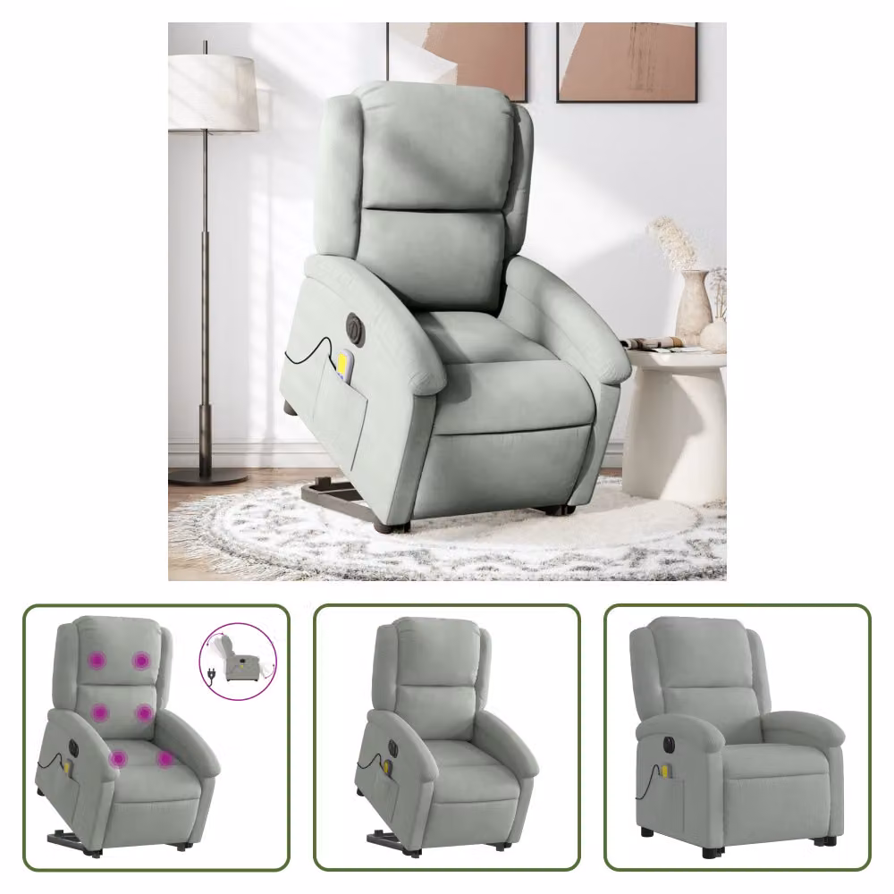 The Living Store Sedia massaggiante con supporto in piedi elettrica in velluto grigio chiaro