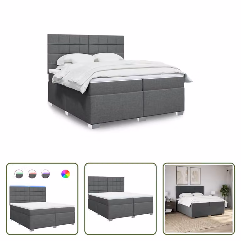 The Living Store Letto a molle con materasso grigio scuro 200x200 cm in tessuto