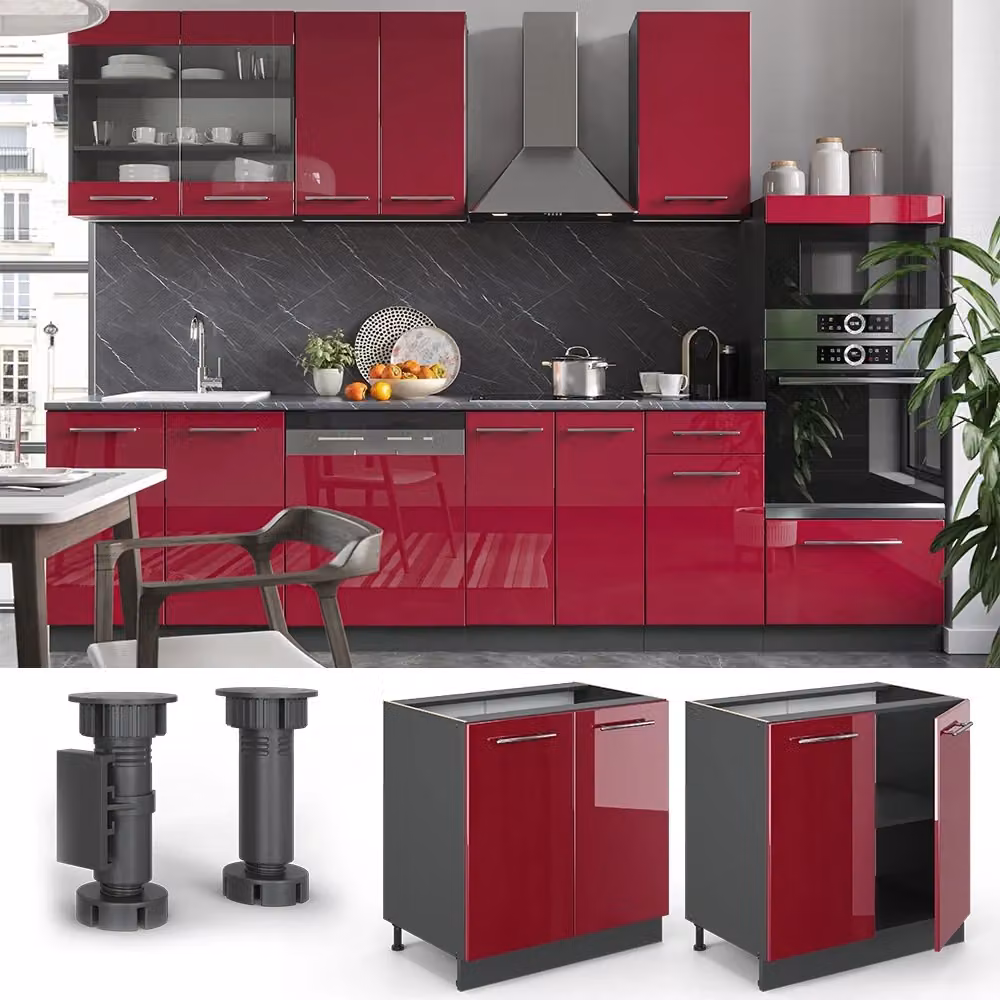 Mobile lavello cucina Fame-Line Vicco Bordeaux lucido e Antracite con piano in marmo, L: 80 cm – 2