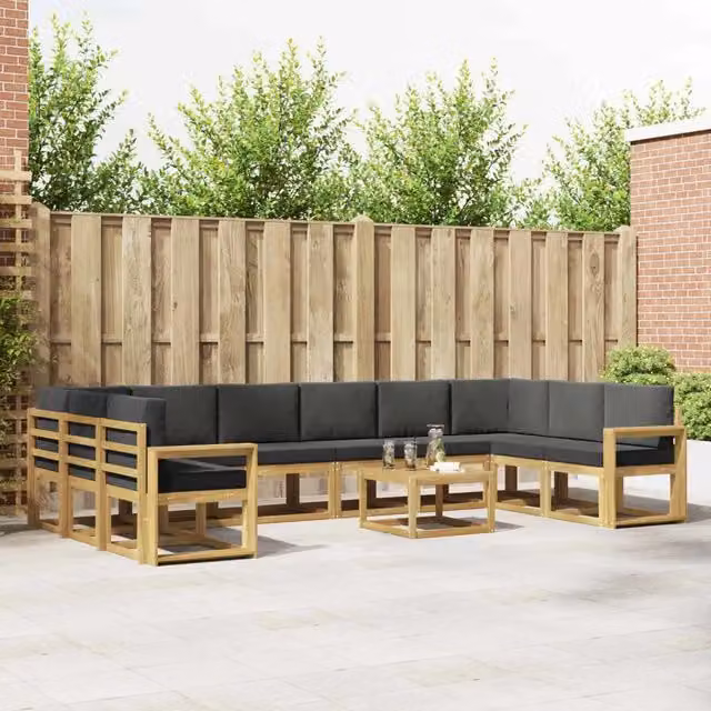 Set di divani da esterno vidaXL a forma di U composto da 11 pezzi con tavolino da caffè, in legno di acacia e tessuto bianco e antracite – 1