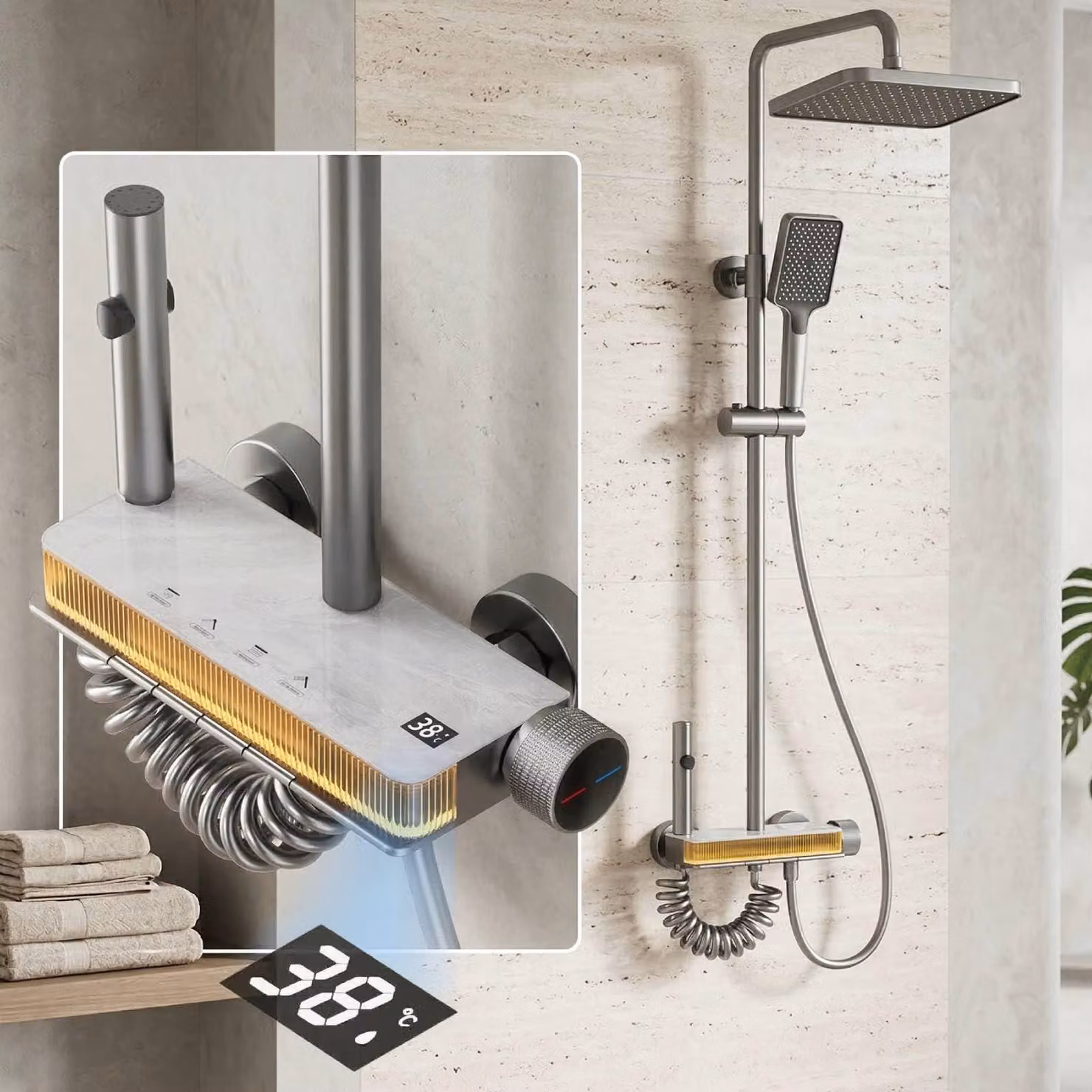 Sistema doccia con soffione a pioggia, doccetta manuale, altezza regolabile da 70 a 103 cm, colore bianco