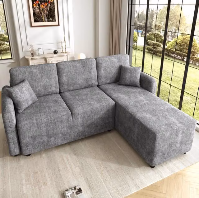 Divano angolare 187,5x144x85,5 cm in ciniglia grigia con chaise longue –