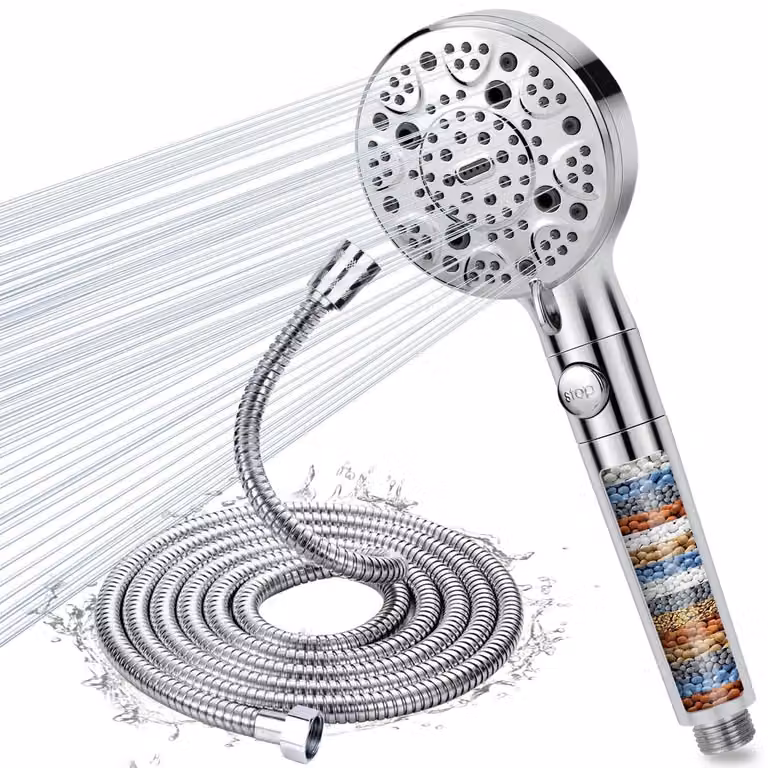Doccia con flessibile da 2 metri, filtro a 15 strati, 9 tipi di getto, funzione di arresto, alta pressione, risparmio idrico, filtro anticalcare, finitura cromata argento