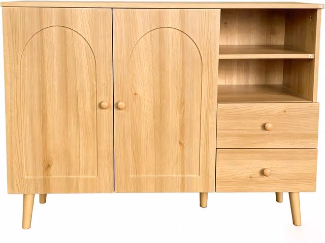 Madia beige in stile scandinavo con 2 ante, 2 cassetti e 2 vani aperti, maniglie e piedi in legno, L: 118 cm, P: 35 cm, H: 82 cm