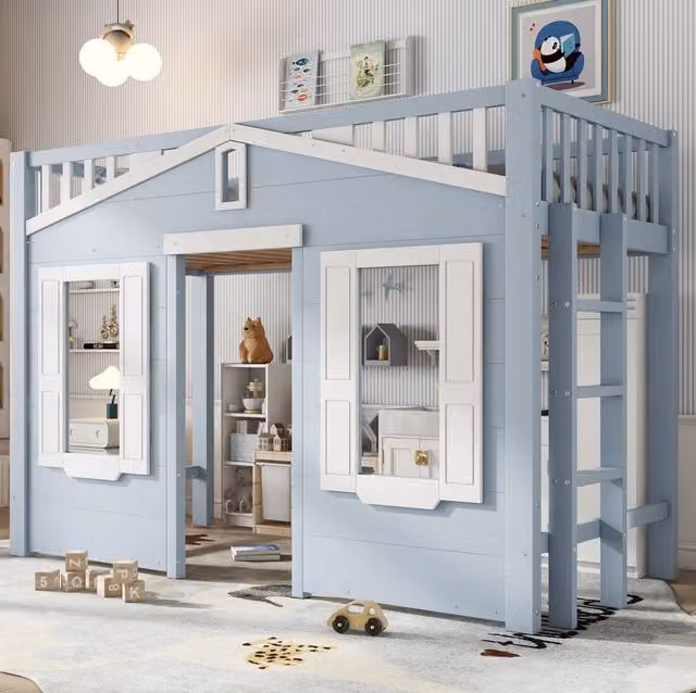 Letto a soppalco per bambini 90 x 200 cm con scala reversibile; legno massello e MDF; bianco e blu