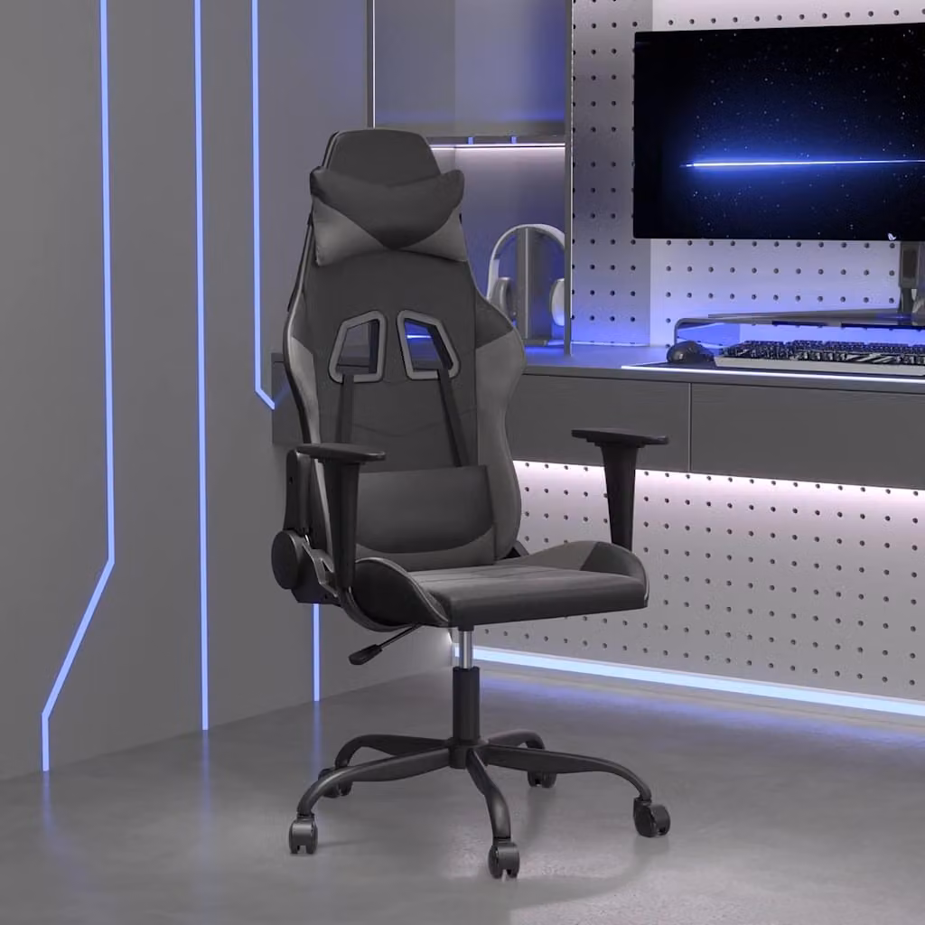 Sedia da Gaming vidaXL Nera e Grigia in Similpelle con Poggiatesta e Ruote