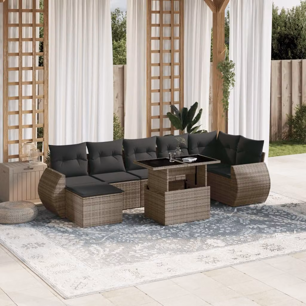 vidaXL Set Divano da Giardino 8 pz in Polyrattan Grigio con Cuscini e Tavolino – 1