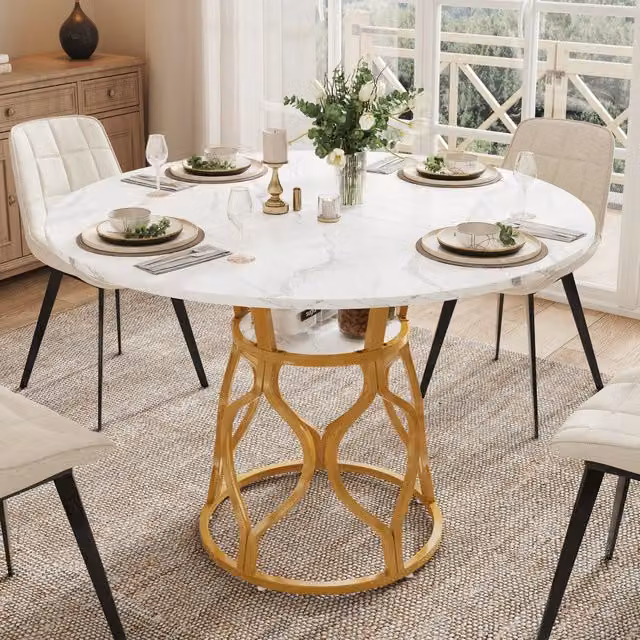 Tavolo da pranzo rotondo 100x100x75 cm, tavolo da cucina per 4-6 persone con vano contenitore integrato, piano in MDF effetto marmo, struttura moderna