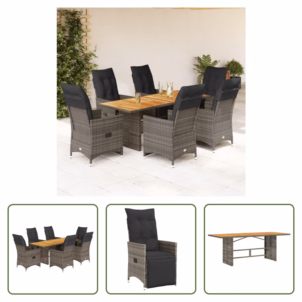The Living Store Set bistrot da giardino 7 pezzi con cuscini in poly rattan grigio
