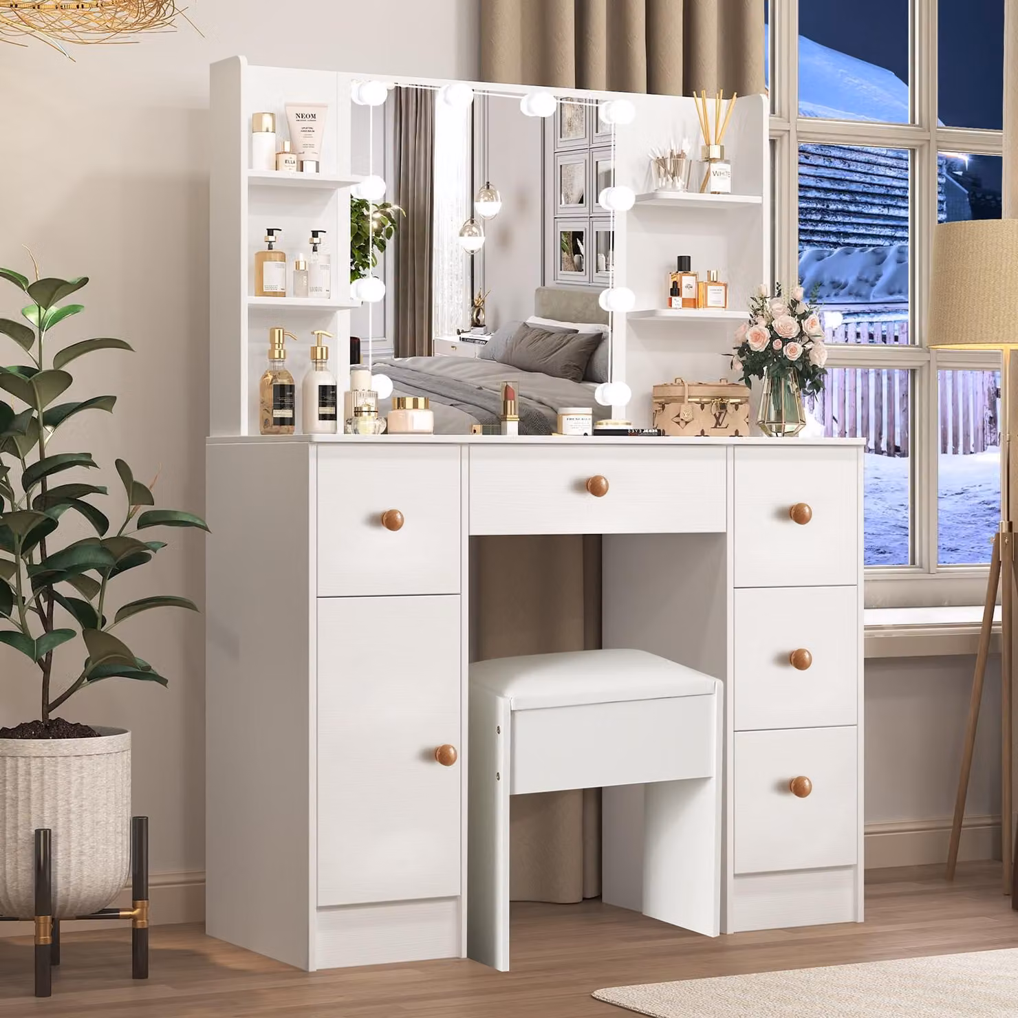 Specchio da trucco con tavolino - Larghezza 40 cm - Legno - Illuminazione LED - Bianco