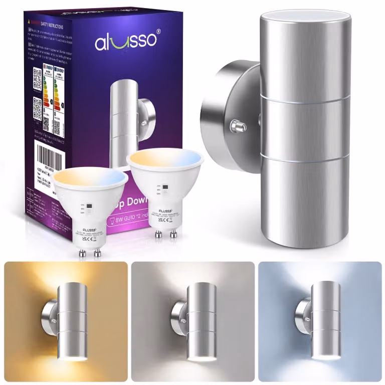 Lampada da parete a LED, 2x8W, attacco GU10, acciaio inossidabile, grado di protezione IP65, colore nero, 3 temperature di colore