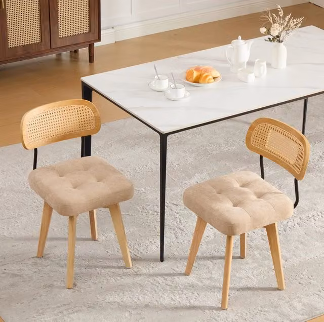 Set di 2 Sedie Girevoli 360° in Chenille con Schienale Intrecciato, Stile Mid-Century, per Cucina e Sala da Pranzo, Colore Khaki