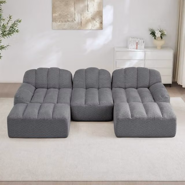 Divano modulare senza struttura con seduta profonda e pouf, in fleece granulare grigio per soggiorno 288 × 165 × 79 cm