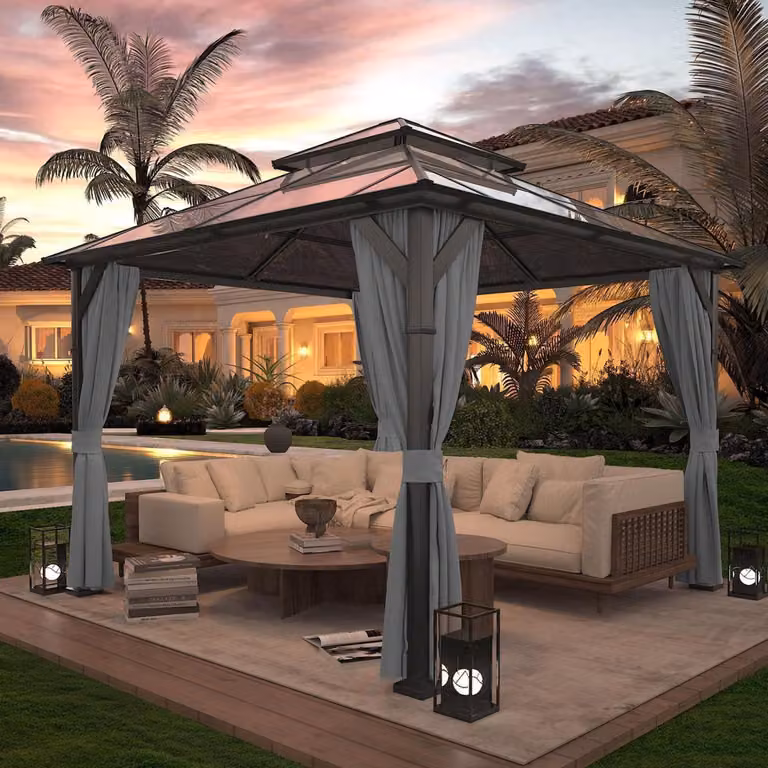 Gazebo da giardino 3x3 metri, impermeabile, stabile, resistente alle intemperie, con tetto a doppia falda in policarbonato, colore grigio, dimensioni 305x305 cm