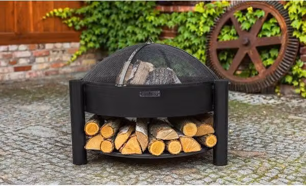 Braciere da giardino SOLAFA con contenitore per legna in acciaio + parafuoco COOK KING Dimensioni: Ø 60 cm,