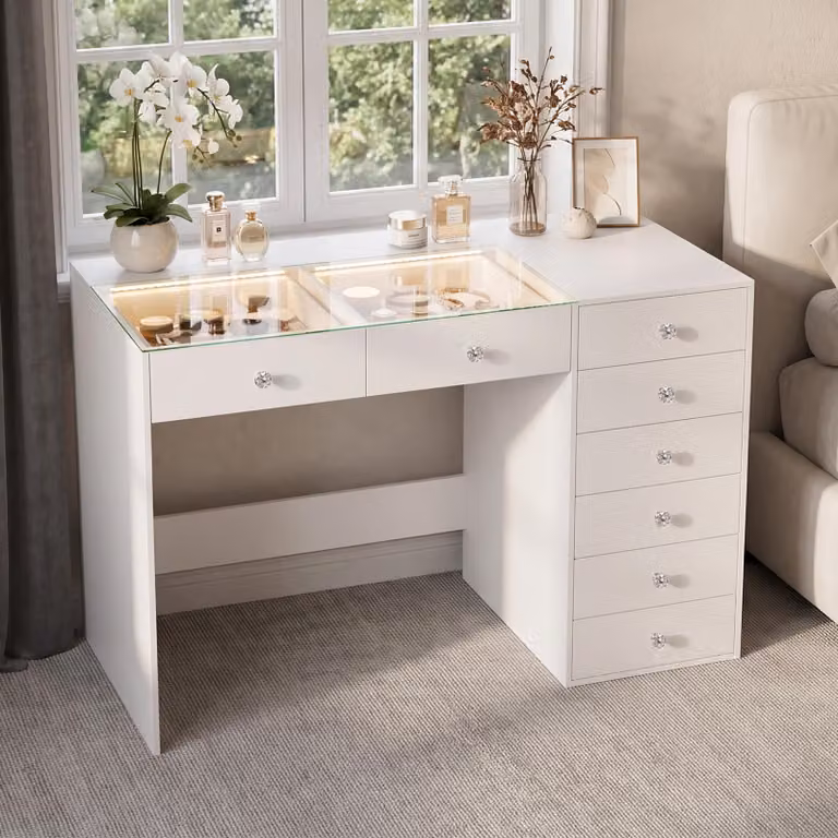 Tavolino da trucco VANITII con illuminazione LED, 8 cassetti, bianco, 120 x 55 x 81 cm