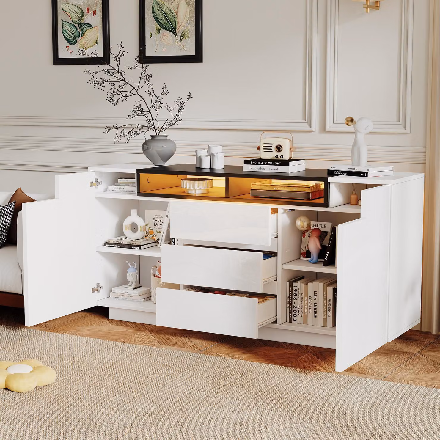 okwish credenza da soggiorno con divisori regolabili, cassettiera laterale con due ante a L e due vani portaoggetti semiaperti, bianco+nero