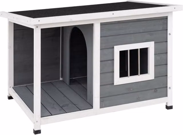 Casetta in legno per cani e gatti con terrazza e tetto apribile, modello moderno grigio per esterno e interno