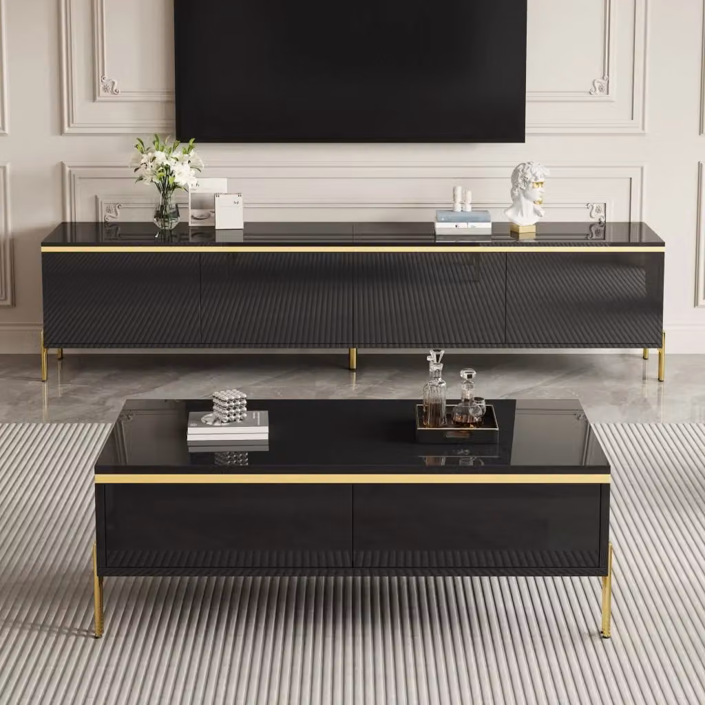 Set mobili TV Chicfurn composto da mobile TV e tavolino con cassetti e vani contenitore in MDF nero lucido e dettagli oro per soggiorno moderno – 2