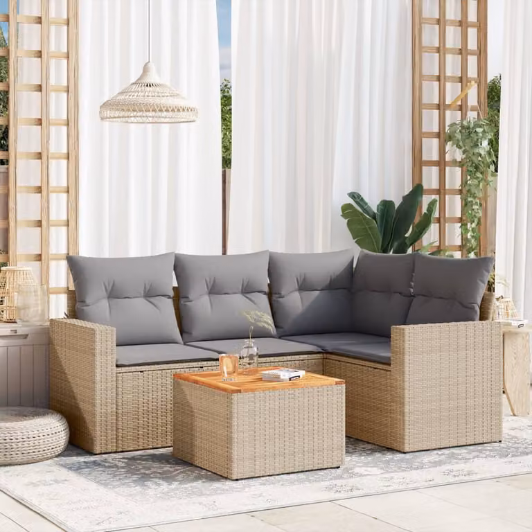Set Divano da Giardino vidaXL 5 pz a L con Cuscini Beige e Grigio in Polyrattan e Metallo
