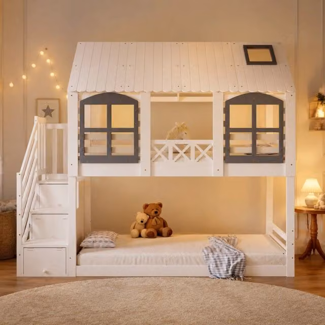 Letto a castello per bambini con tetto e finestre; scala contenitore; 90x200 cm; bianco e grigio