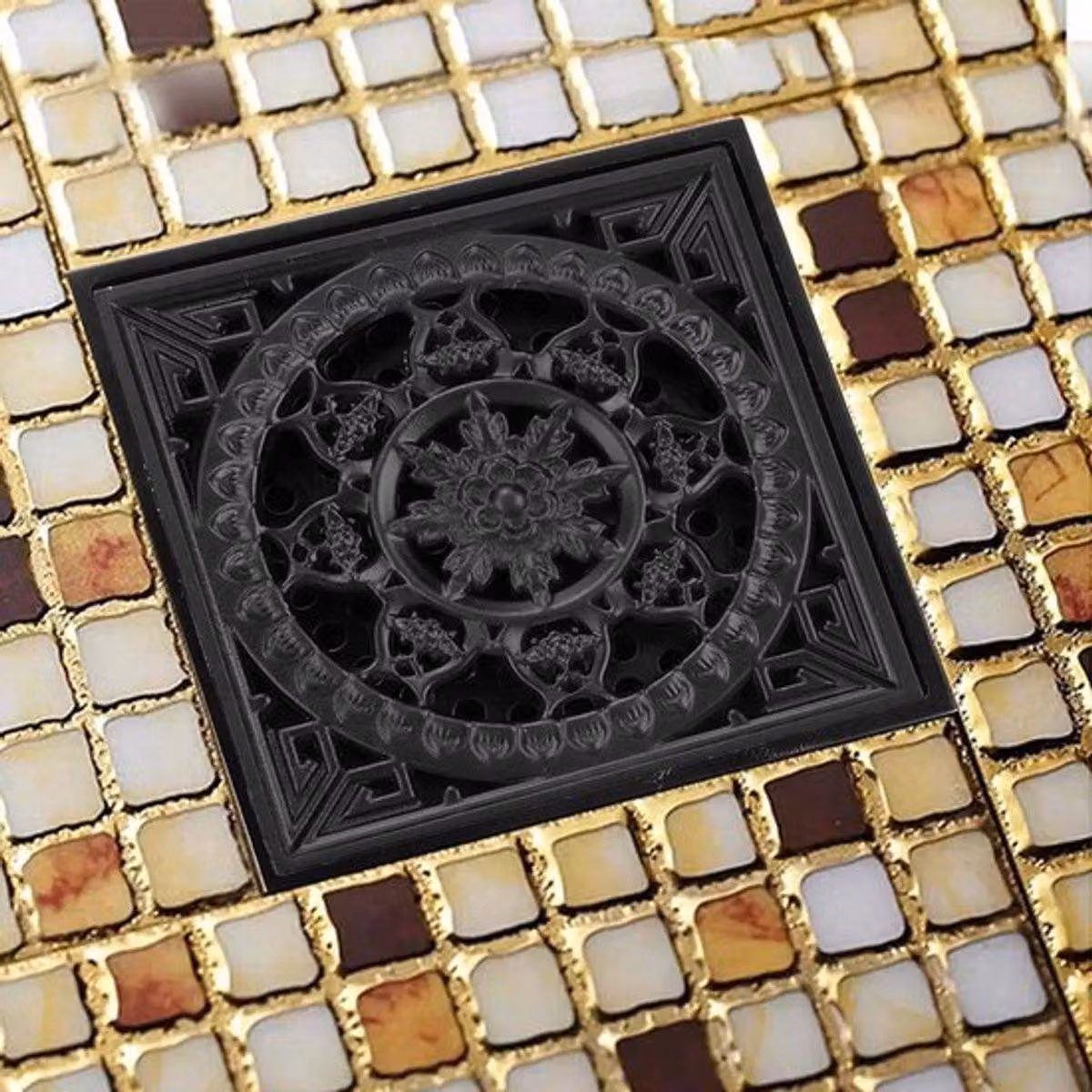 Scarico per doccia 10 x 10 cm - Ottone anticato - Scarico a pavimento vintage - Copertura rimovibile - Filtro a rete - Design europeo