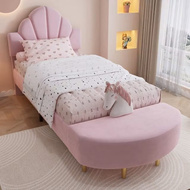 Letto singolo imbottito OKWISH in velluto rosa con testiera e panca coordinata, L/P/H: 90 x 200 cm