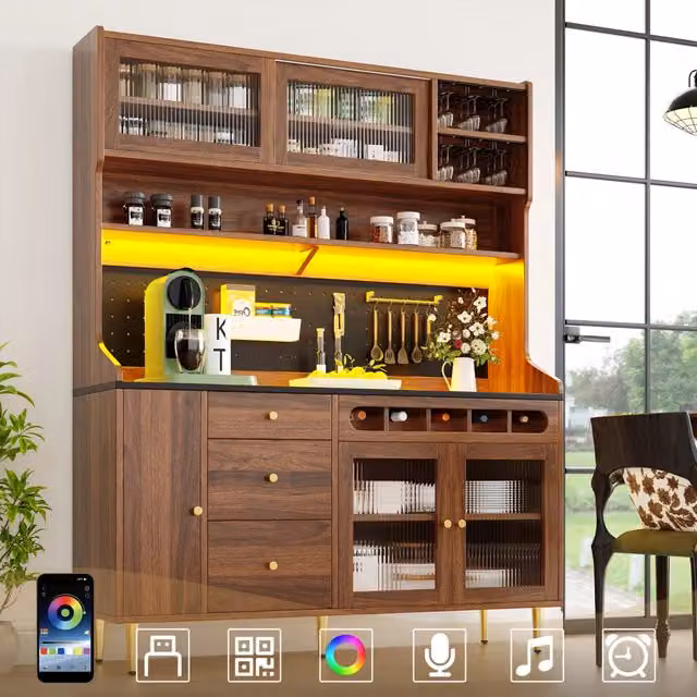 Armadio Alto Soggiorno con Cassetti, Ripiani e LED ¨C MINIMAL ¨C Noce 145x39x171