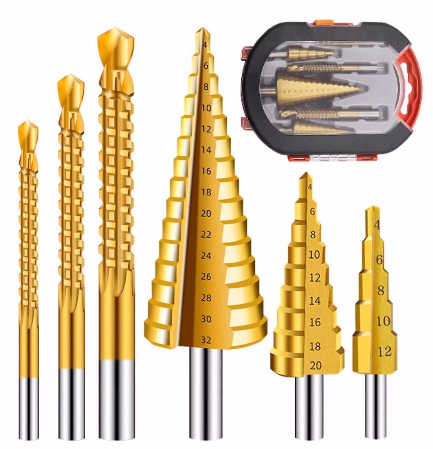 Set di 6 punte da trapano a gradini in HSS, con rivestimento in titanio, per metallo, legno e plastica, da 4 a 32 mm, con custodia