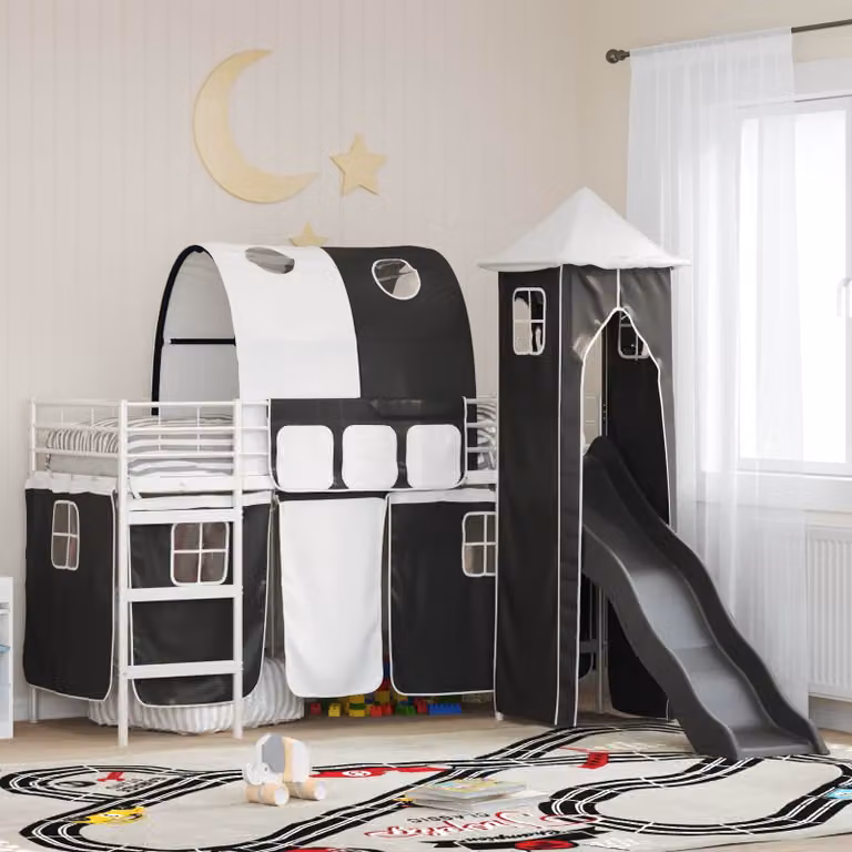 Letto a castello per bambini vidaXL in metallo con struttura a casetta, Bianco, Blu e Nero, L/P/H: 200 x 100 x 194 cm