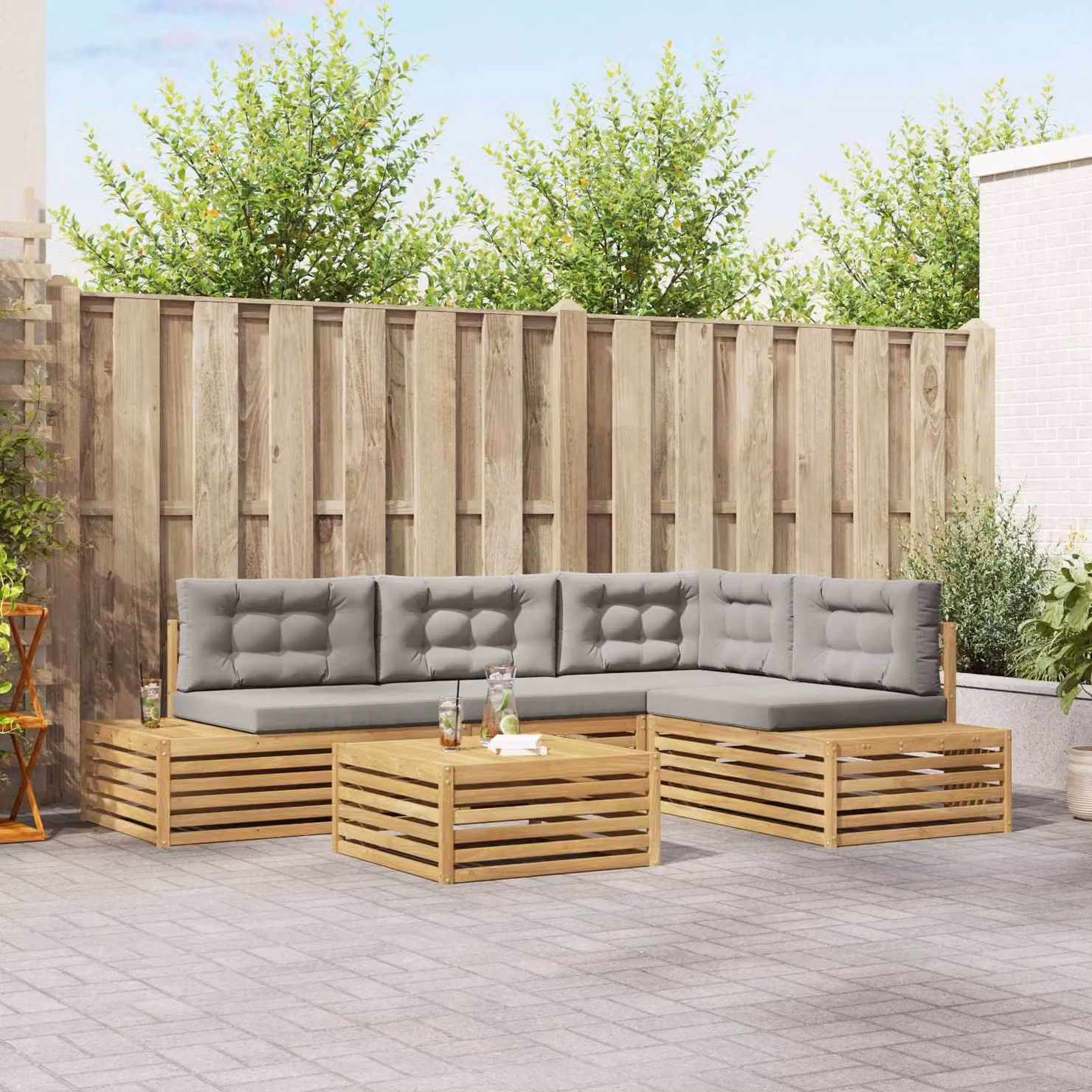Set di 6 divani da esterno moderni vidaXL in legno di acacia con cuscini in poliestere bianco, grigio o marrone per giardino e terrazza