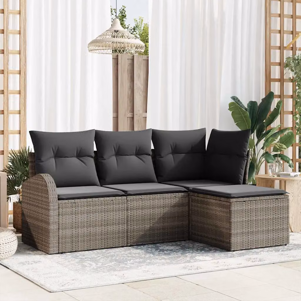 Set di divani da giardino a forma di L vidaXL in rattan grigio con cuscini e pouf coordinato – 1